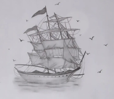 Desenho intitulada "Boat ⛵ realistic sk…" por Mygallery Artist, Obras de arte originais, Grafite