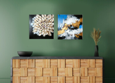 Modern Abstract Floral and Sky-Inspired Diptych with Gold "Modern Abstract Flo…" başlıklı Tablo Annet Loginova tarafından, Orijinal sanat, Akrilik
