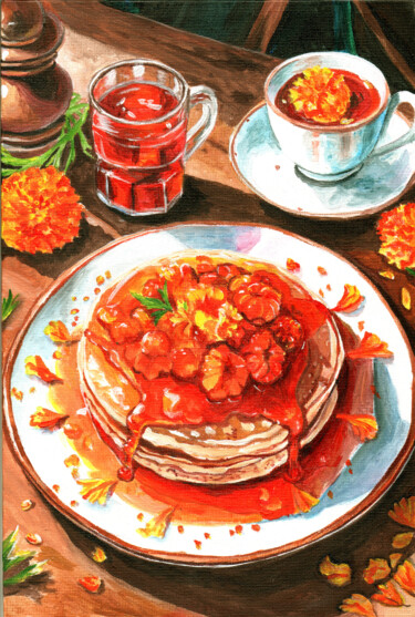 Realistic Food Art: Pancakes, Tea, Marigolds Schilderij getiteld "Realistic Food Art:…" door Olga Dar, Origineel Kunstwerk, Acryl