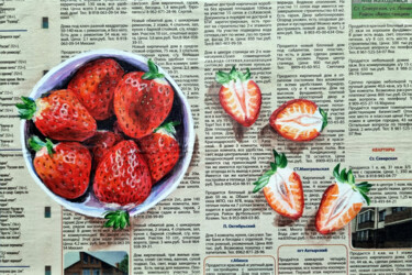 Strawberries on Newspaper – Realistic Food Painting 绘画 标题为“Strawberries on New…” 由Olga Dar, 原创艺术品, 丙烯