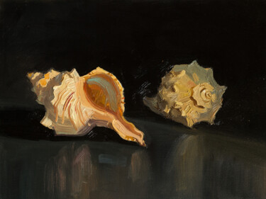 Seashells on Dark Surface Painting titled "Seashells on Dark S…" by Serhii Zavadenko, Original Artwork, Oil