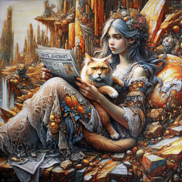 Peinture intitulée "Cat News" par Rékai Zsolt, Œuvre d'art originale, Huile Monté sur Châssis en bois