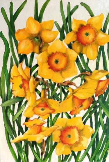 제목이 "Jonquilles"인 미술작품 Lidia Marinova로, 원작, 기름 나무 들것 프레임에 장착됨