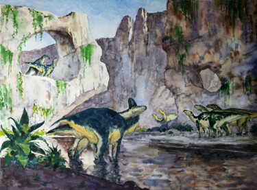Картина под названием "Shandongosaurus" - Сергей Крупкин, Подлинное произведение искусства, Акварель
