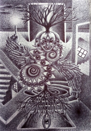 Tekening getiteld "Danse" door Oscar Olarte, Origineel Kunstwerk, Balpen Gemonteerd op Karton