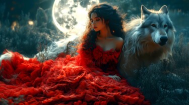 Moonlight tenderness: girl and wolf Arte digitale intitolato "Moonlight tendernes…" da Nadzeya Dzemianchuk, Opera d'arte originale, Pittura digitale