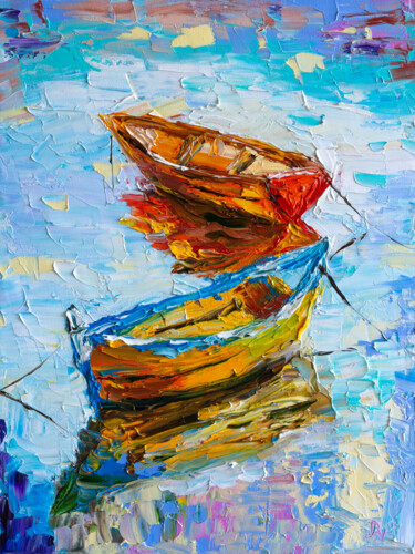 Boats on the river Pittura intitolato "Boats on the river" da Vladyslav Durniev, Opera d'arte originale, Olio Montato su Telaio per barella in…