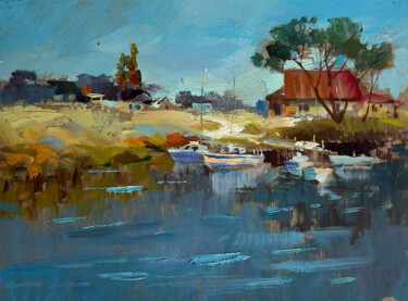 Ζωγραφική με τίτλο "Calm Evening Sea" από Yuriy Suprunchuk, Αυθεντικά έργα τέχνης, Λάδι Τοποθετήθηκε στο Χαρτόνι
