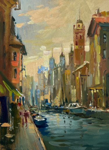 Painting titled "Reflection of Venice" by Yuriy Suprunchuk, Original Artwork, Oil Mounted on Cardboard