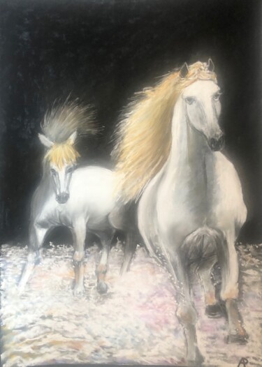 Tekening getiteld "Chevaux camarguais." door Philippe Allier, Origineel Kunstwerk, Pastel