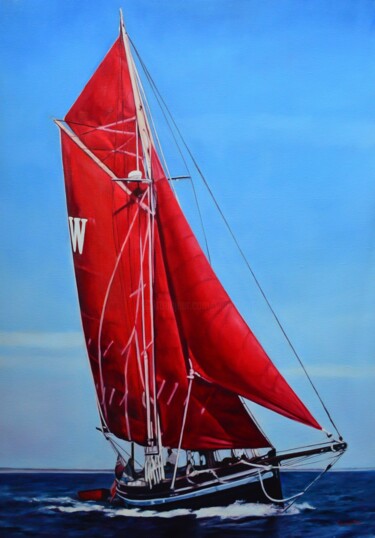 Red sailboat Ζωγραφική με τίτλο "Red sailboat" από Istvan Cene Gal, Αυθεντικά έργα τέχνης, Λάδι Τοποθετήθηκε στο Ξύλινο φορείο σκελετό