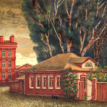 When Light Watches. Red House at Golden Sunset. "When Light Watches.…" başlıklı Tablo Ta Vira tarafından, Orijinal sanat, Petrol Ahşap Sedye çerçevesi üzerine monte edilmiş