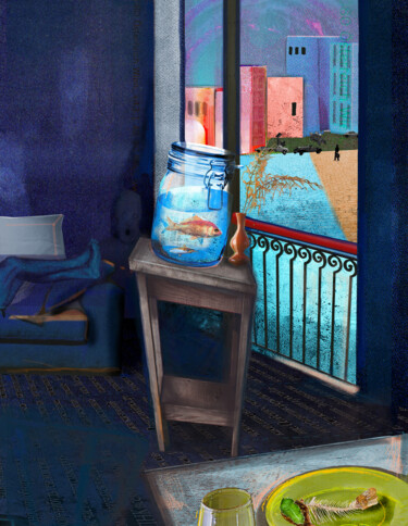 Arte digitale intitolato "L'aquarium" da Aga, Opera d'arte originale, Collage digitale Montato su Altro pannello rigido