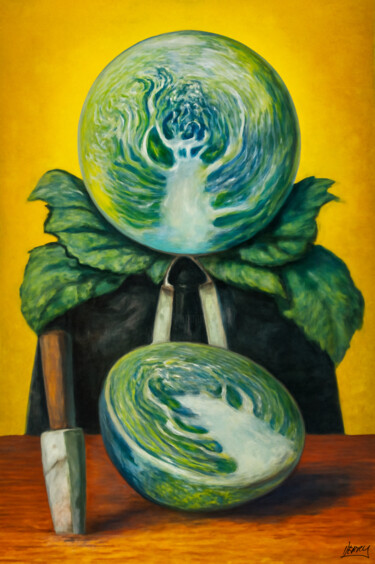 Cabbage Head Schilderij getiteld "Cabbage Head" door Spencer Derry, Origineel Kunstwerk, AI gegenereerde afbeelding