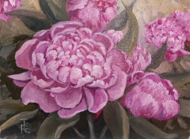 Painting titled "Royal peony - pink…" by Tamara Rozinskay, Original Artwork, Oil Mounted on Cardboard