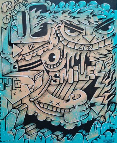 Schilderij getiteld "Space & Smiley" door Alexis Bernardi, Origineel Kunstwerk, Acryl Gemonteerd op Frame voor houten branca…