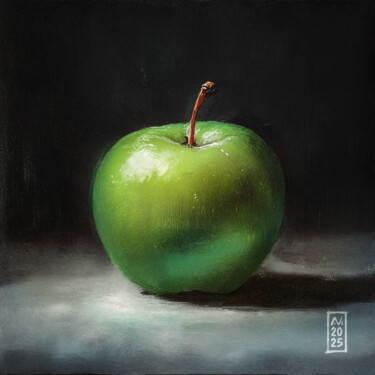Green Apple on a Dark Background — A Minimalist Still Life Digital Arts titled "Green Apple on a Da…" by Natalia Ima, Original Artwork, AI generated image
