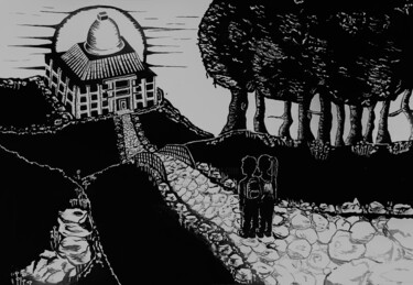 Картина под названием "L'aventure du temple" - Ilona Zamoum, Подлинное произведение искусства, Чернила