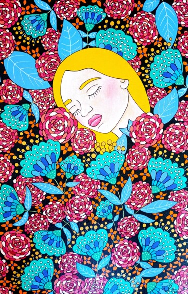 绘画 标题为“Les Fleurs de Shanti” 由Lucrezia Solena, 原创艺术品, 丙烯 安装在木质担架架上