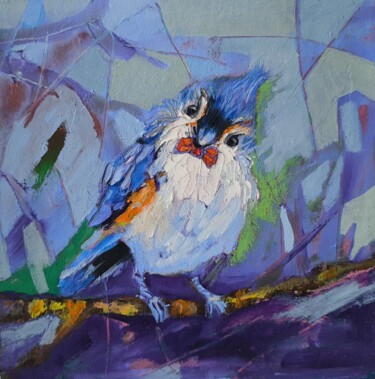 Blue Bird Original Tufted Titmouse Bird Painting Animal Schilderij getiteld "Blue Bird Original…" door Svetlana Sindere, Origineel Kunstwerk, Olie Gemonteerd op Karton