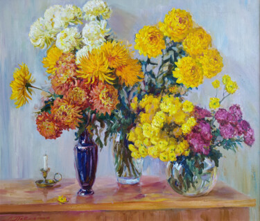 绘画 标题为“Chrysanthemums” 由Leonid Pavlenko, 原创艺术品, 油 安装在木质担架架上