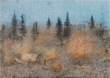 Schilderij getiteld "Farm and horse" door Sergej Pisarenko, Origineel Kunstwerk, Aquarel