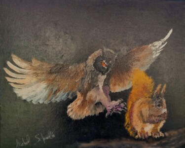 Malerei mit dem Titel "Petit hibou trop zé…" von Michel Schaillée, Original-Kunstwerk, Öl Auf Keilrahmen aus Holz montiert