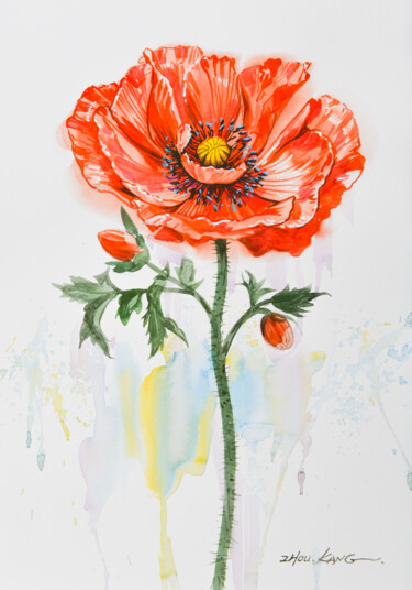 Pintura intitulada "Poppy flower 1" por Kang Zhou, Obras de arte originais, Aquarela