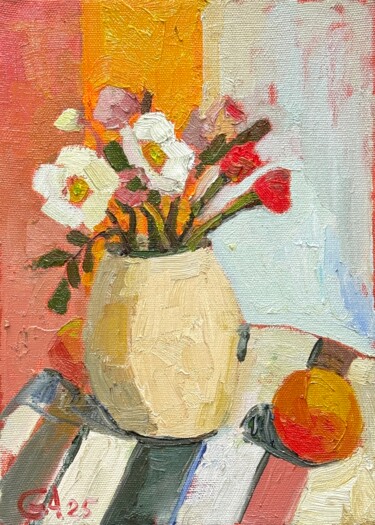 Three White Poppies & Orange 제목이 "Three White Poppies…"인 미술작품 Ann Golub로, 원작, 기름 나무 들것 프레임에 장착됨