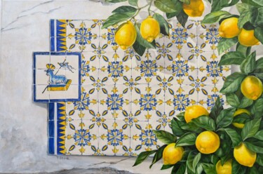 Painting titled "Lemon branch on azu…" by Tanya Shark, Original Artwork, Oil