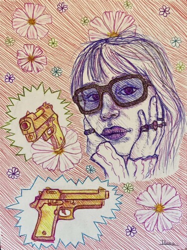 Disegno intitolato "Flowers" da Ilona Zamoum, Opera d'arte originale, Biro
