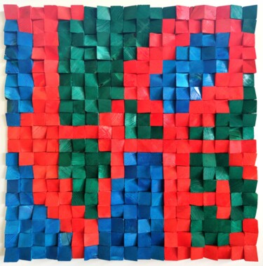 Collages getiteld "“ LOVE “ WoodPixel" door Luisonart, Origineel Kunstwerk, Collages Gemonteerd op Houten paneel