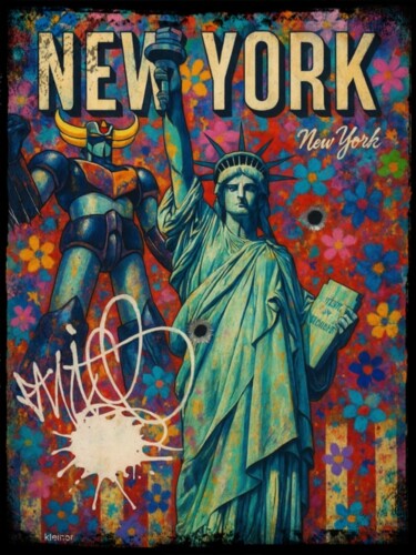 Schilderij getiteld "goldorak new york" door Dominique Kleiner, Origineel Kunstwerk, Digitaal Schilderwerk Gemonteerd op Alu…