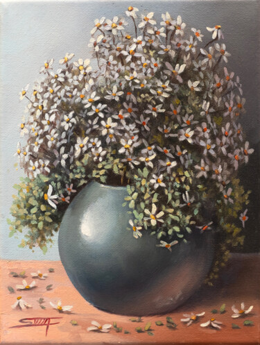 Картина под названием "Blue vase with whit…" - Bani Mokawas (Svlla), Подлинное произведение искусства, Масло