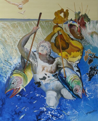 绘画 标题为“Tuna Hunting” 由Guy Fouinat, 原创艺术品, 油 安装在木质担架架上