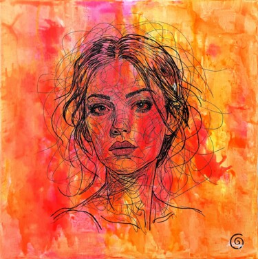 Schilderij getiteld "Feu intérieur" door Axelle Biltgen, Origineel Kunstwerk, Acryl Gemonteerd op Frame voor houten brancard