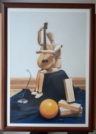 Wooden mannequin playing guitar Painting titled "Wooden mannequin pl…" by Ali Şentaş, Original Artwork, Pastel Mounted on Wood Panel
