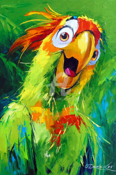 绘画 标题为“Parrot Surprise” 由Olha, 原创艺术品, 油 安装在木质担架架上