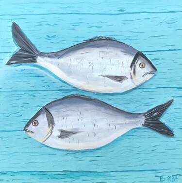 Two Fish Painting titled "Two Fish" by Luda Rakhmanov, Original Artwork, Acrylic Mounted on Wood Stretcher frame