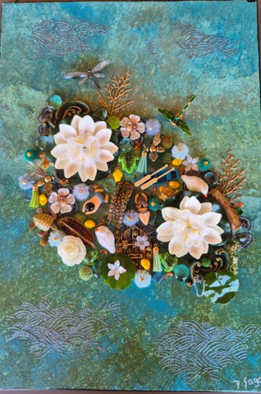Collages getiteld "Baignade au lac" door Delphine Sagot, Origineel Kunstwerk, Collages Gemonteerd op Frame voor houten branc…