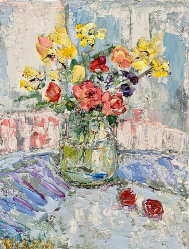 Flowers Bouquet Impasto Oil Painting On Canvas Board Artwork 「Flowers Bouquet Imp…」というタイトルの絵画 Vilma Gataveckieneによって, オリジナルのアートワーク, オイル