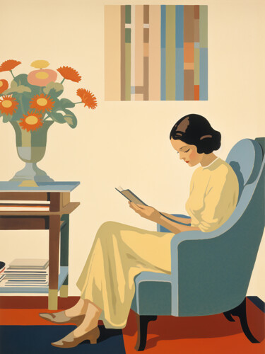 Schilderij getiteld "Reading a book" door Kosta Morr, Origineel Kunstwerk, Acryl Gemonteerd op Frame voor houten brancard
