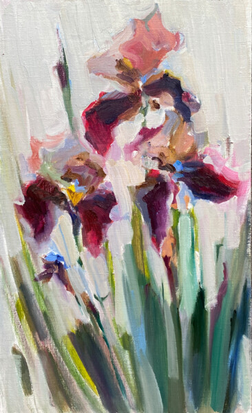 Painting titled "Iris flowers oil pa…" by Marina Zubkova, Original Artwork, Oil Mounted on Wood Stretcher frame