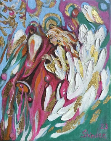 Аngel with Trumpet Original Holy Spirit Painting Modern Art 绘画 标题为“Аngel with Trumpet…” 由Svetlana Sindere, 原创艺术品, 油 安装在木质担架架上