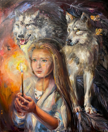 绘画 标题为“Girl with wolves.” 由Elena Reutova, 原创艺术品, 油 安装在木质担架架上