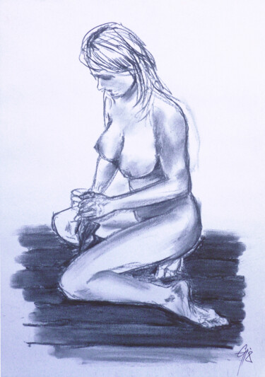 Disegno intitolato "Beschäftigt." da Götz Wiedenroth, Opera d'arte originale, Carbone