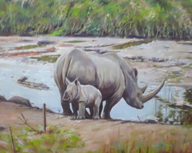 Gentle Giants by the River Painting titled "Gentle Giants by th…" by Nilantha Vidanarachchi, Original Artwork, Oil
