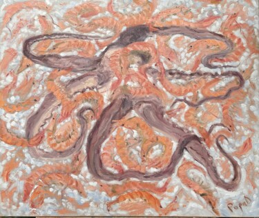 Painting titled "Octopus and shrimps…" by Dorin Popa, Original Artwork, Oil Mounted on Wood Stretcher frame