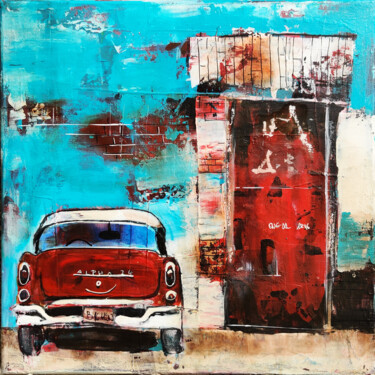Roter Klassiker vor der Werkstatt Schilderij getiteld "Roter Klassiker vor…" door Marlis Schedler (schemaart), Origineel Kunstwerk, Acryl Gemonteerd op Frame…