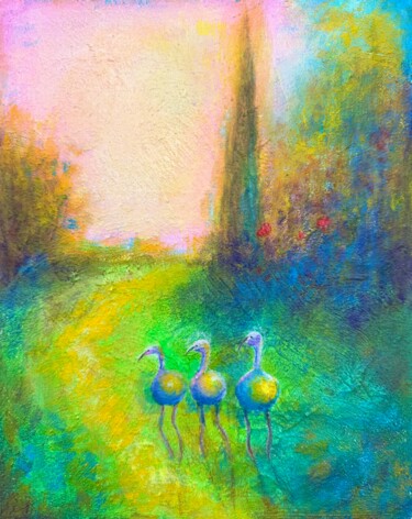 Surreal Landscape with Fantasy Birds 绘画 标题为“Surreal Landscape w…” 由Tatiana Belchenko, 原创艺术品, 丙烯 安装在木质担架架上